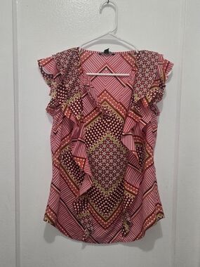 Banana Republic Xs, Pink Geometric Ruffle V-Neck Blouse